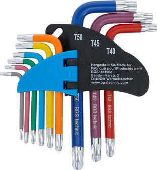 Juego de llaves allen multicolor corto perfil en T (para Torx) con perforacion y cabeza de bola T10 - T50 9 piezas