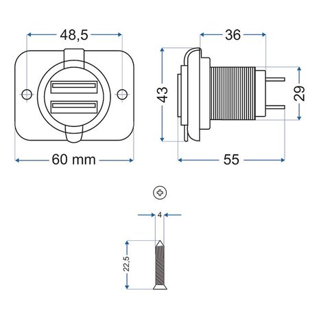 USB-port double flush mount 2100mA 12V/24V