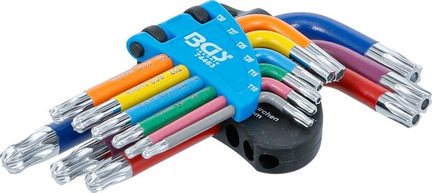 Juego de llaves allen multicolor corto perfil en T (para Torx) con perforacion y cabeza de bola T10 - T50 9 piezas